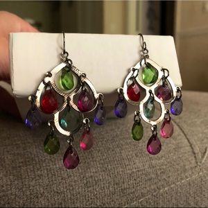 Multi-colored Gemmed Silver Dropdown Earrings